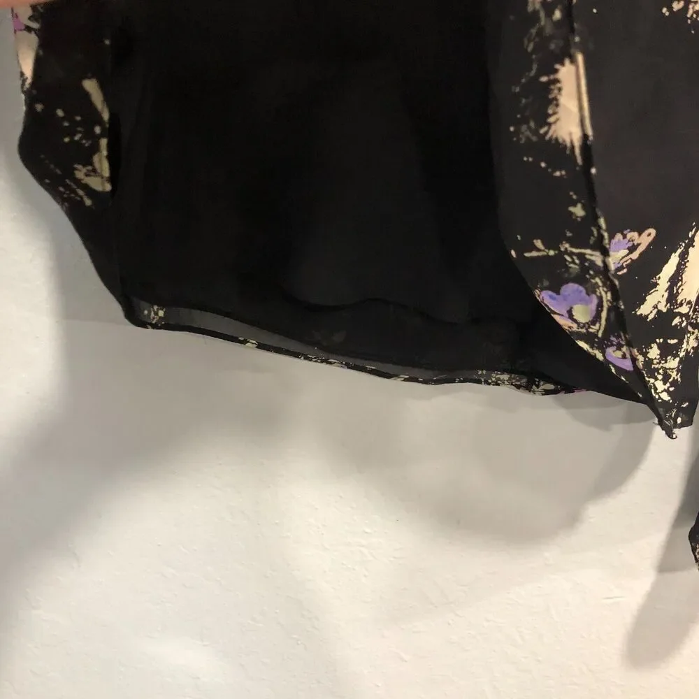 ann taylor 100% silk top xs small black leaves splat sheer chiffon dressy chic - Picture 9 of 14